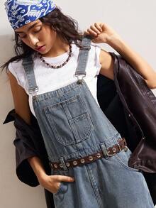 Bohemela 女式休闲宽松口袋设计阔腿牛仔连体裤 - 藍色 - 查看 6