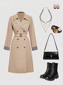 SHEIN MOD Manteau mi-long à revers à carreaux, manteau trench croisé, style universitaire, tenue occidentale pour femmes, style années 2000, retour à l'école, tenues d'enseignante pour femmes, vêtements scolaires, retour à l'école, enseignante, vintage, tenues de campagne pour femmes en automne/hiver - Kaki - Voir 1