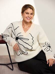 Momelise Plus Size Floral Pattern Knit Sweater, Casual For Autumn/Winter Fall Cloth For Women - Multicolor - View 8