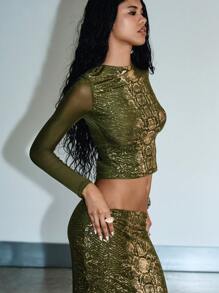 KIZN Áo crop top tay dài lưới họa tiết da rắn cho nữ dự tiệc tối câu lạc bộ thời trang Y2K thu đông họa tiết động vật ánh kim co giãn ôm sát ban đêm - màu xanh lá - Xem 3