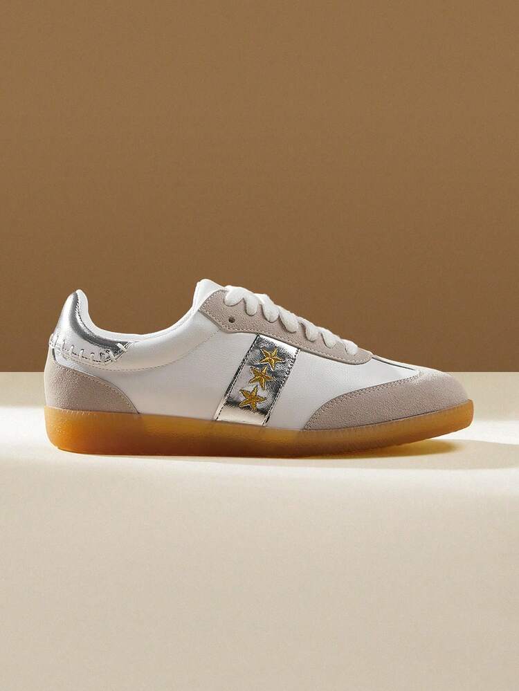 CUCCOO EASI Women's Lace-Up Colorblock Round Toe Casual Sneakers, Comfortable PU Leather Brown Casual Sports Shoes For Outdoor Daily Wear