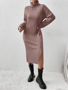 EURMUSE Turtle Neck Drop Shoulder Sleeve Knit Sweater Dress With High Low Hem, Belt Not Included - Coffee Brown - View 5