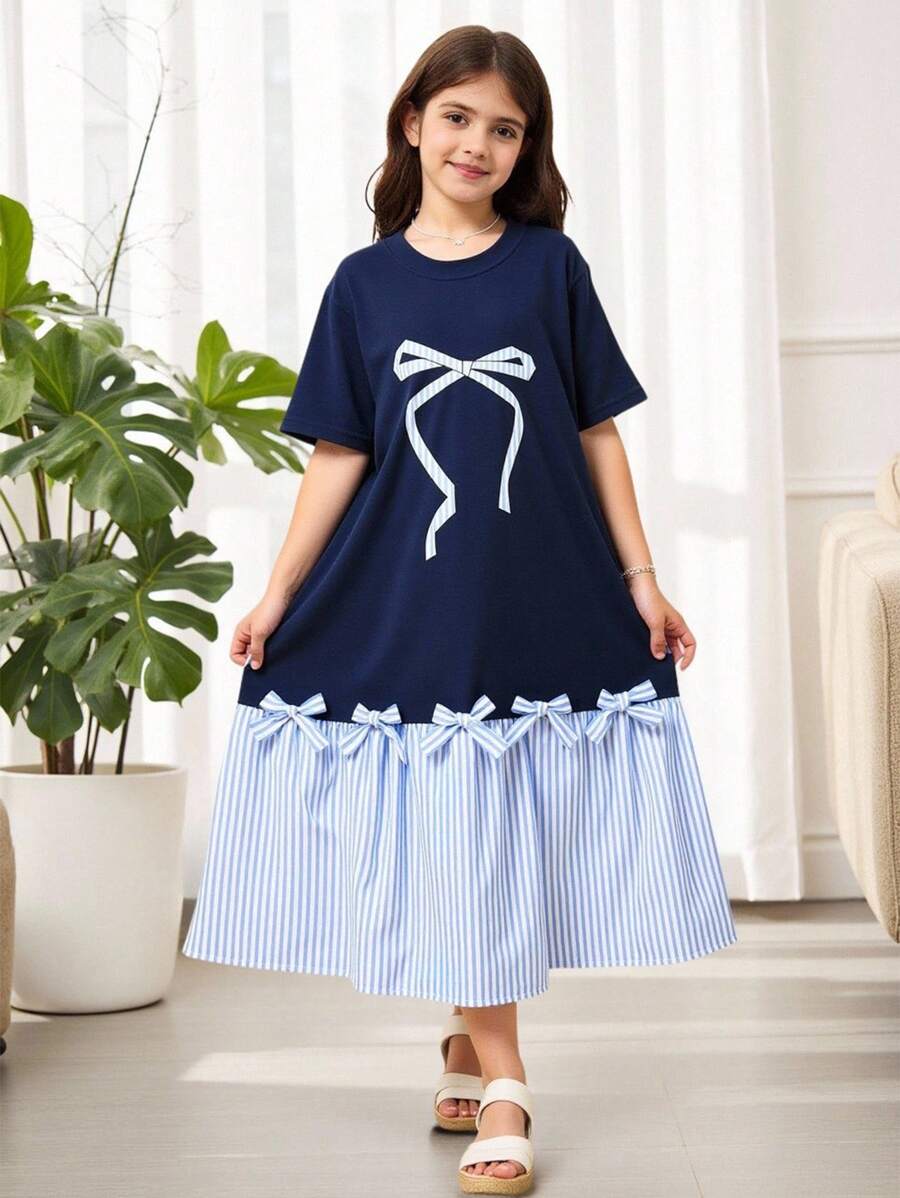 SHEIN 女童蝴蝶结条纹印花圆领短袖连衣裙 - 白色 - 查看 1
