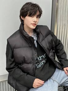 DAZY Áo khoác mùa đông rộng rãi, thoải mái, có khóa kéo phía trước màu trơn cho bé trai tuổi teen - màu đen - Xem 9