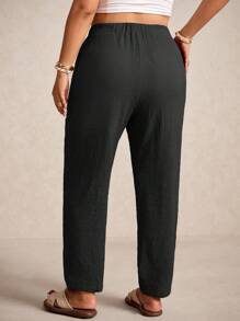 Elaquor 大码女式纯色腰带口袋锥形休闲裤 - 黑色 - 查看 2