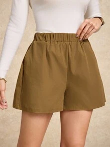 House of One Elasticated Waist Woven Windbreak Slant Pockets Women Shorts Old Money Office Casual Fall Women Clothes Fall Outfits Business Professional Women Business Casual Woman