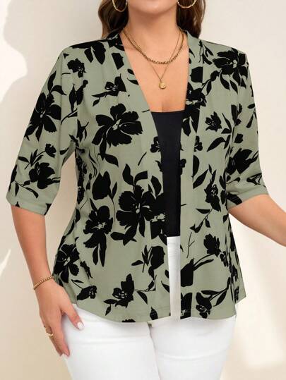 SHEIN Clasi Plus Size Elegant Black & White Print Front-Open Jacket, Suitable For Teachers In Autumn,Business Casual Woman,Fall Clothes For Women