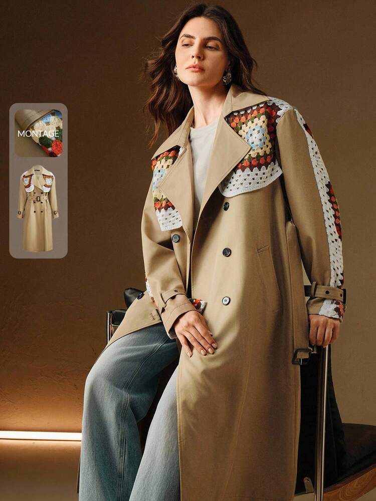 Women's Handmade Crochet Patchwork Double-Breasted Cinched Waist Olive Green Long Trench Coat, Suitable For Autumn, Winter, Going Out, Elegant, Formal, Party, Chic, New Year, Christmas, Work, Graduation, Wedding