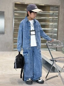 SHEIN 两件套男童时尚休闲Y2K复古酷炫街头返校学院风基础款简约舒适蓝色牛仔休闲长衬衫搭配舒适宽松牛仔裤，两件套童装，适合男童日常穿着，柔软舒适，也适合儿童秋冬季派对、节日和居家穿着，街头风校服，儿童牛仔套装，两件套牛仔套装，男童 - 藍色 - 查看 3