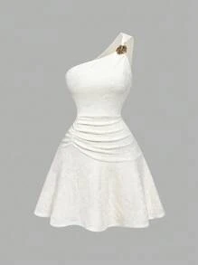 SHEIN MOD Váy dệt kim jacquard viền bèo nhún cắt vai họa tiết hoa kim loại cỡ lớn, phong cách đường phố, rave, nhiệt đới, tiệc trà, Hawaii, trang phục dự tiệc sáng muộn, Gyaru, gợi cảm, phương Tây, váy xòe đi chơi - Màu be - Xem 3