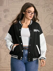 Astro Boy X SHEIN Plus Size Casual Everyday Contrast Color Cartoon Graphic Jacket Winter Fall Autumn - Black and White - View 2