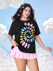 SHEIN X Care Bears 大码夏季休闲卡通熊印花圆领短袖T恤 - 黑色 - 查看 5