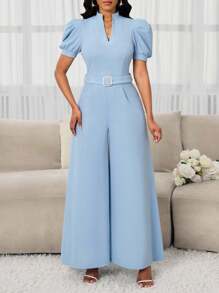 SHEIN Lady Women Elegant Solid Color Puff Sleeve V-Neck Stand Collar Slim Waist-Closing Metal Belt Vacation Commuter Wide Legs A-Style Jumpsuits Wearable In All Seasons   Wedding Guest  Old Money Style Women  Classy Outfits For Women Business Casual Outfits Women  Birthday Outfit  Going Out  Back To School Outfits Women  Jumpsuits For Woman Elegant   Back To School  Concert Outfits For Women Church Outfits Women - Baby Blue - View 3