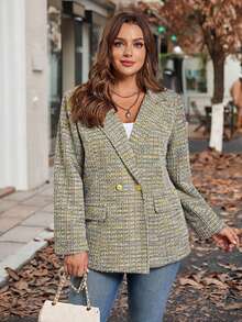 SHEIN Clasi Áo khoác blazer cổ ve kẻ caro tay dài cài hai hàng khuy thường ngày cho nữ cỡ lớn - Nhiều màu - Xem 5