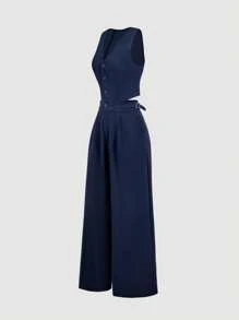 SHEIN MOD Tuta intera smanicata blu navy a vita alta con gamba ampia per donna