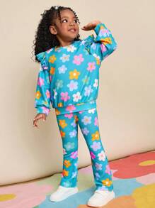 Set informal de sudadera y pantalones con volantes y estampado floral para niña - Multicolor - Ver 6