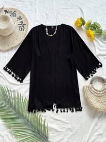 Soleia Open Front Drop Shoulder Tassel Hem Kimono Summer - Black - View 3