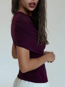 Aloruh 女士优雅纯色褶皱修身上衣，夏季婚礼周年纪念伴娘派对约会性感可爱夏季上衣秋季教师飘逸上衣深紫色网纱前褶皱上衣，罗马式垂褶，优雅约会，浪漫教堂优雅 - 酒紅色 - 查看 3