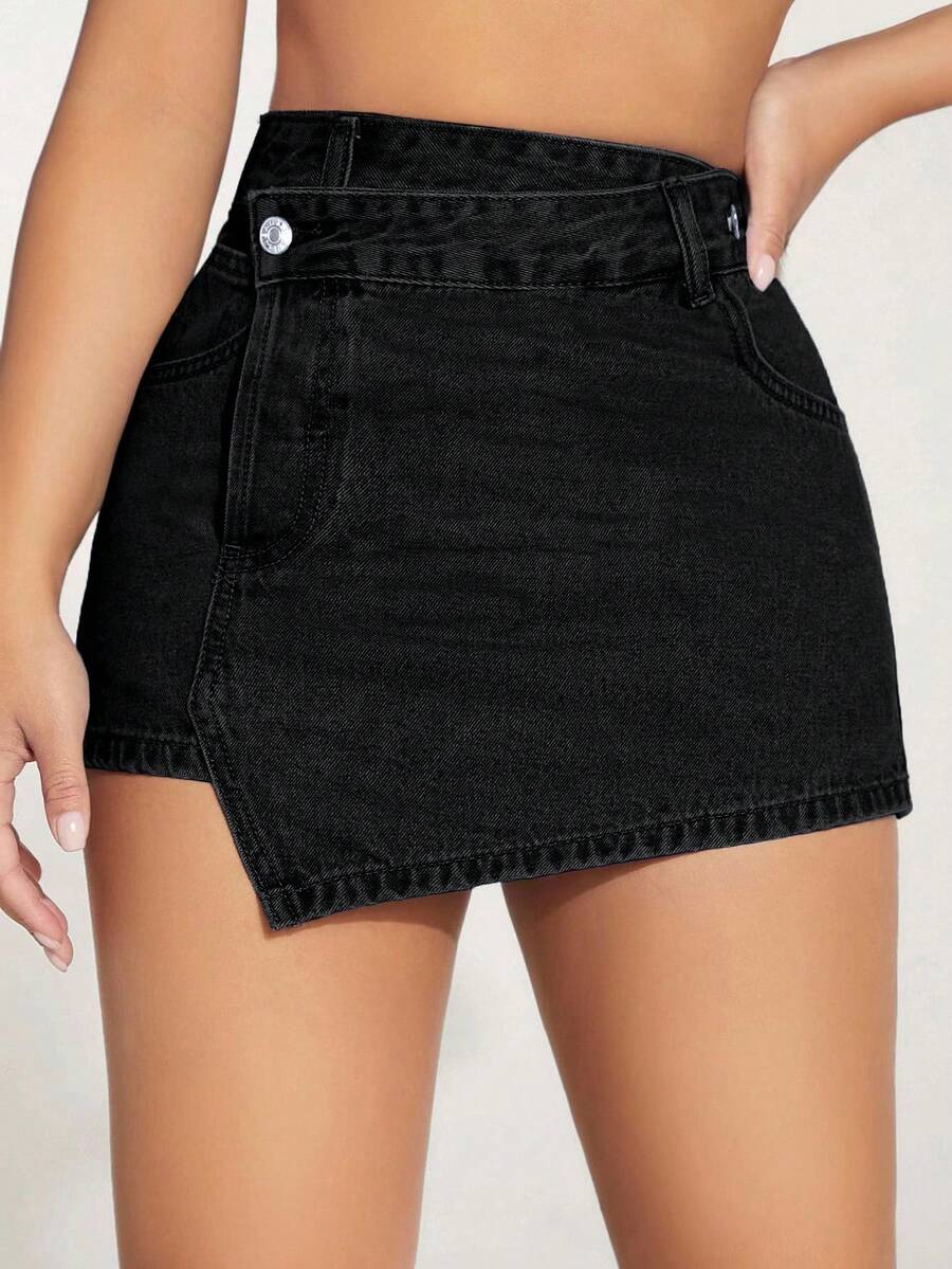 SHEIN PETITE Women's Asymmetric Hem Casual Denim Skort With Pockets - Black - View 1