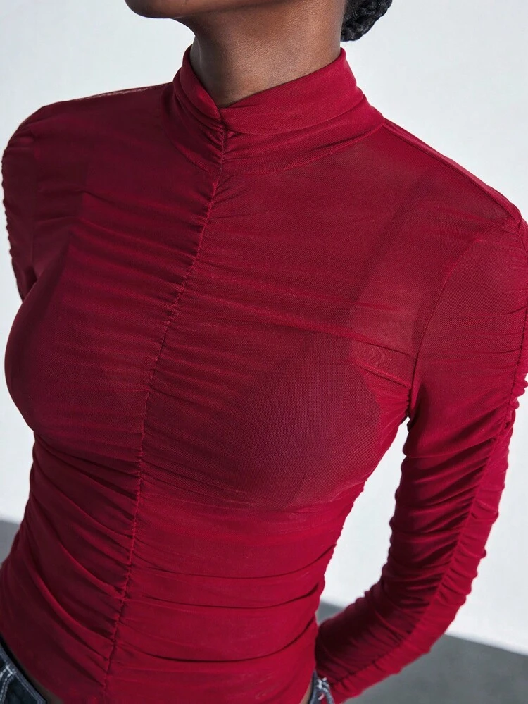 SHEIN Maija Burgundy High Neck Mesh Trim Gathered Back Teardrop Detail Slim Fit Long Sleeve Blouse, Modern Casual Versatile Undershirt Red Top Wine Red Top Red Women Red Mock Neck Top Red Ruched Top,Fall Women Clothes,Halloween,Fall Clothes For Women Saudi National Day Red