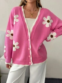 EURMUSE 可爱 V 领撞色条纹领口超大宽松舒适花卉图案纽扣开衫，适合秋冬女装 - 粉色 - 查看 1