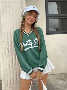 SHEIN Teen Girl's Back To School Green Slogan Print Contrast Ribbed Collar Loose Casual Solid Color Sweatshirt,In Fall/Winter - Green - View 4