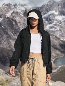 Women's Fashion Hooded Denim Jacket,Black Autumn Basic Casual Occasion,Pocket Lightweight Quick Dry UV Protection Outdoor Hiking Sun Protection Jacket - Black - View 6