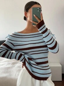 DAZY 女士优雅撞色条纹露肩长袖修身毛衣，秋冬 - 藍色 - 查看 3