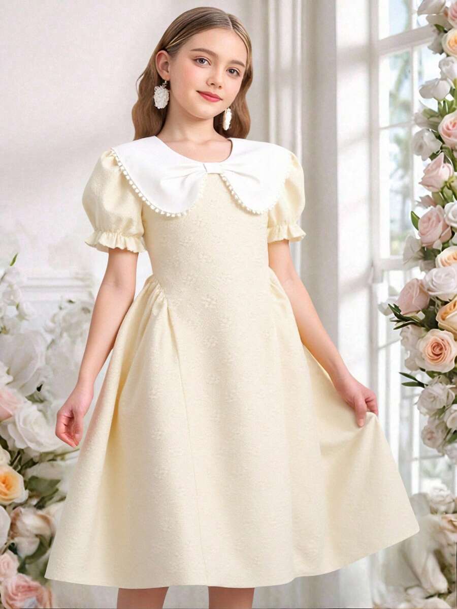 Tween-Mädchen Elegantes, lässiges Urlaubskleid, blaues Kleid mit Rüschenkragen und Puffärmeln und Schleife, geeignet für Frühling/Sommer im Freien/Urlaub