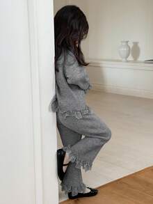 DAZY 两件套女童蕾丝拼接褶皱休闲长袖毛衣和宽松长裤套装 - 灰色 - 查看 2