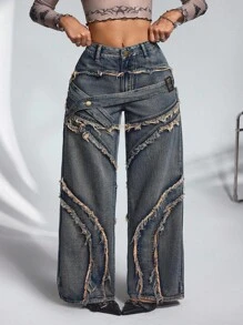 Jeanoix 大码女式纽扣设计磨边阔腿宽松休闲牛仔裤