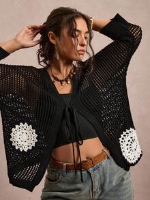 Freevana 大码女式花卉图案镂空前系带长袖开衫 - 黑色 - 查看 1