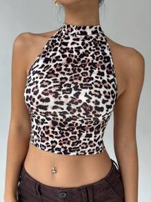 FavEase 女式豹纹性感露背吊带无袖背心图案猎豹印花T恤女式上衣 - 彩色 - 查看 6