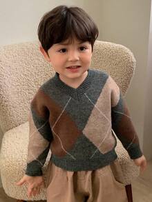 DAZY Toddler Boys' Rhombus Pattern Contrast Color V-Neck Casual Knit Sweater, Spring/Autumn
