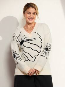 Momelise Plus Size Floral Pattern Knit Sweater, Casual For Autumn/Winter Fall Cloth For Women - Multicolor - View 4