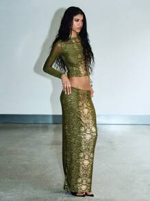 KIZN Snake Print Sleek Fitted Maxi Skirt Set Evening Party Skirt Formal Fashion Metallic Fall Winter Collection - Green - View 5