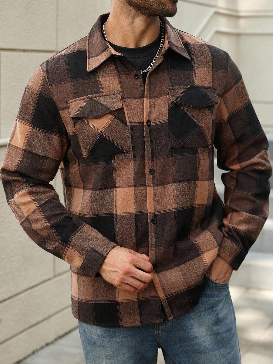 Manfinity Homme Camicia casual a maniche lunghe con motivo a quadri, taglia oversize, per uomo. Camicia in flanella da esterno, stile western, camicie a quadri da uomo, camicia in flanella marrone per uomo