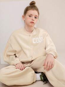 Tween Girl Casual Knit White Solid Stand Collar Long Sleeve Sweatshirt Set,Mommy And Me Matching Outfits,Autumn Back-To-School Winter Outfits,School - Beige - View 6