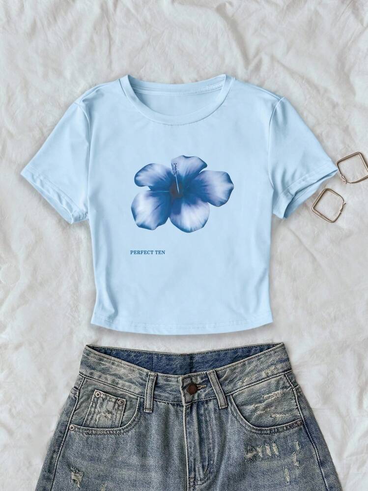 INAWLY Women Floral Print Fitted Short T-Shirt, Sweet Dopamine Summer Top - Baby Blue - View 1