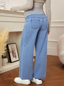 SHEIN 可调节腰部宽腿宽松孕妇牛仔裤 - 淺色水洗藍 - 查看 2