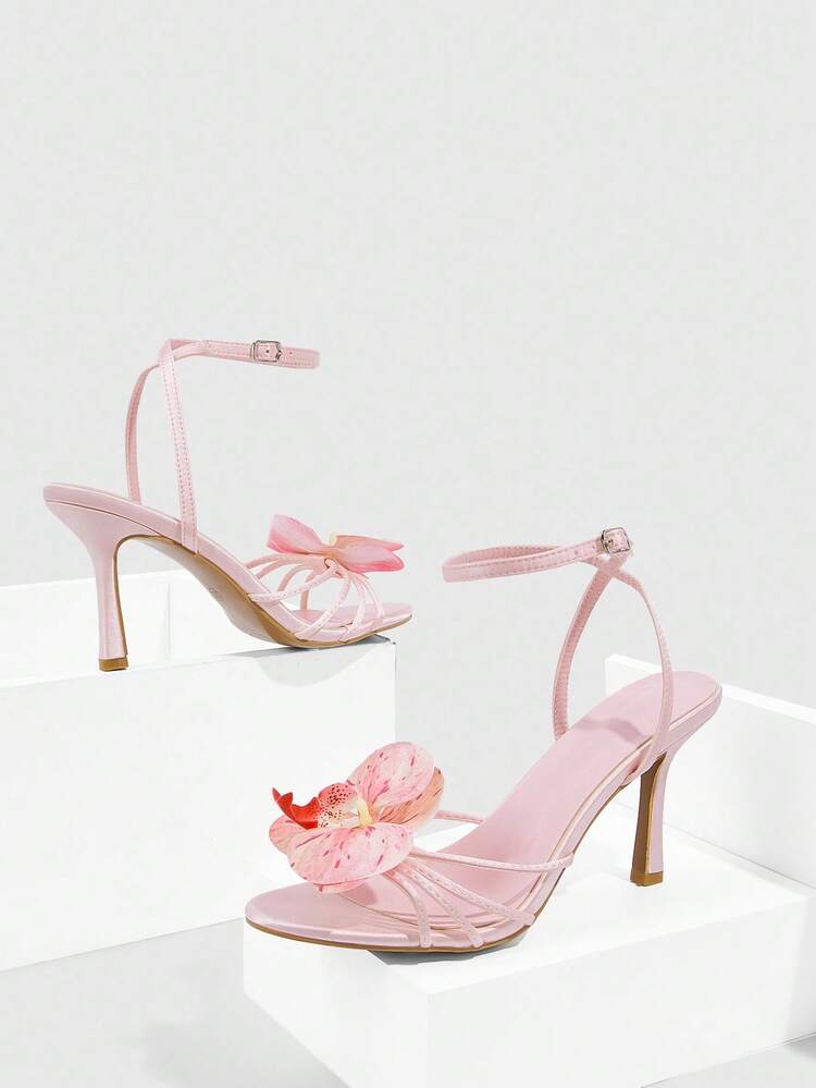 CUCCOO CHICEST Women's Elegant Peep Toe Ankle Strap High Heel Sandals, Floral Embellished Faux Leather Shallow Pink Heels For Summer, Suitable For Afternoon Tea, Date, Party, Vacation
