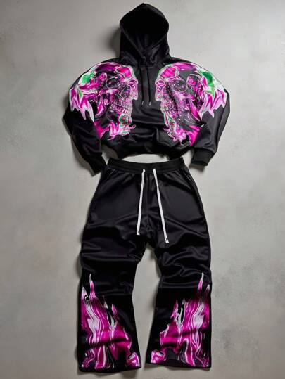 Manfinity EMRG Conjunto de sudadera con capucha y pantalones de chándal con estampado gráfico de estilo ácido metálico de la calle joven, ropa de hombre Y2K, chándal de hombre Y2K, atuendo de hombre para rave, ropa ciberpunk, atuendos con estilo para hombre, otoño