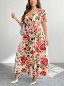 Firerie 复古玫瑰花卉印花休闲宽松大码连衣裙，简约花卉图案，适合秋冬季 - 乾枯玫瑰色 - 查看 4