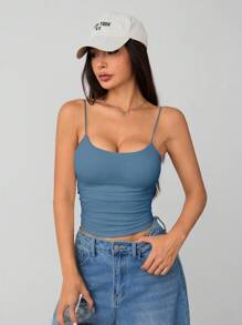 SHEIN PETITE Women's White Tight Round Neck Breathable Basic Camisole Women's Tops Braless Tank Tops - Dusty Blue - View 6