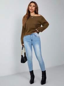SHEIN PETITE 女款棕色毛衣，秋季休閒日常露肩上衣，斜肩坑條紋套頭衫，長袖不對稱毛衣，適合秋冬，小碼女款 - 棕色 - 查看 4