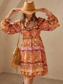 Wildy 秋季新品浪漫波西米亚印花长袖短裙秋装乡村演唱会服装返校节西部服装女式波西米亚风女装乡村服装女式度假服装度假服装女式外出上衣女式西部服装狂欢服装度假两件套 - 彩色 - 查看 2