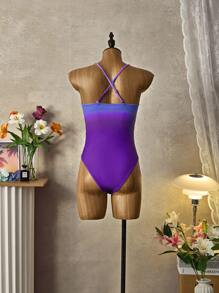 SHEIN Swim 女款細肩帶漸變色荷葉邊連身泳衣嘉年華 - 彩色 - 查看 2