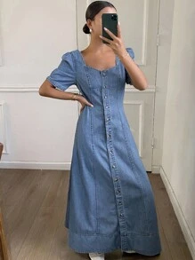 Livesso Vestido de mezclilla de verano con cuello cuadrado, mangas abullonadas y cintura ceñida