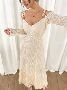 Modelyn Damen elegantes einfarbiges Spitzen Off-Shoulder Kleid - Aprikosenfarben - Übersicht 1