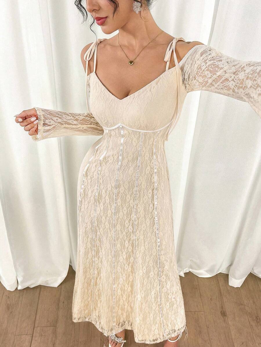 Modelyn Damen elegantes einfarbiges Spitzen Off-Shoulder Kleid - Aprikosenfarben - Übersicht 1